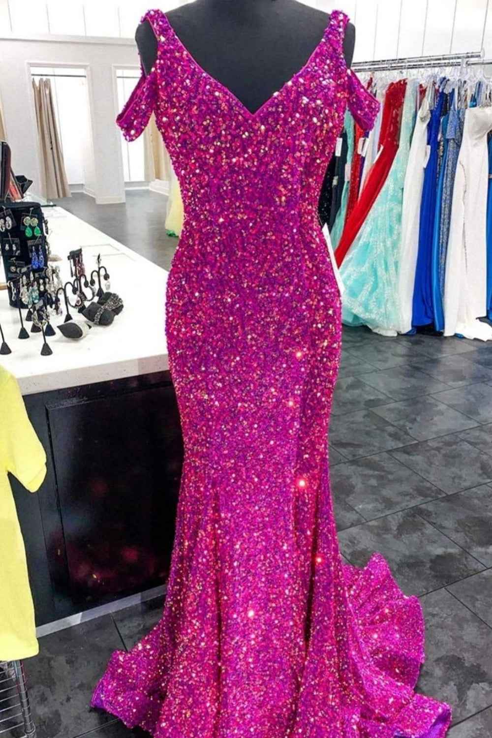 Sparkly Fuchsia Mermaid Cold Shoulder Long Sequin Prom Dress