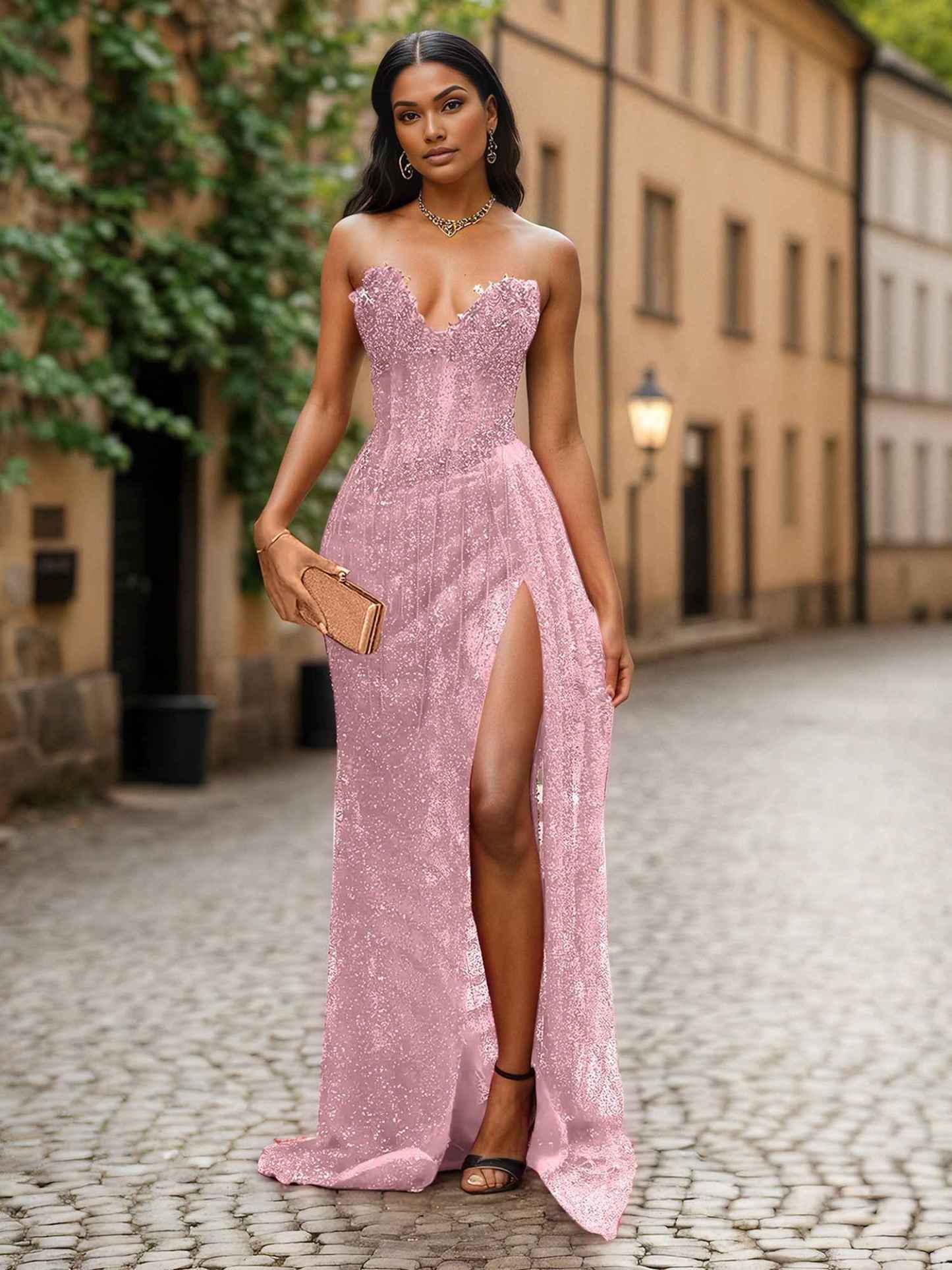 Red Strapless Beaded Fringe Waist Sequin Prom Dress with High Slit