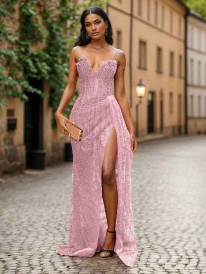 Red Strapless Beaded Fringe Waist Sequin Prom Dress with High Slit