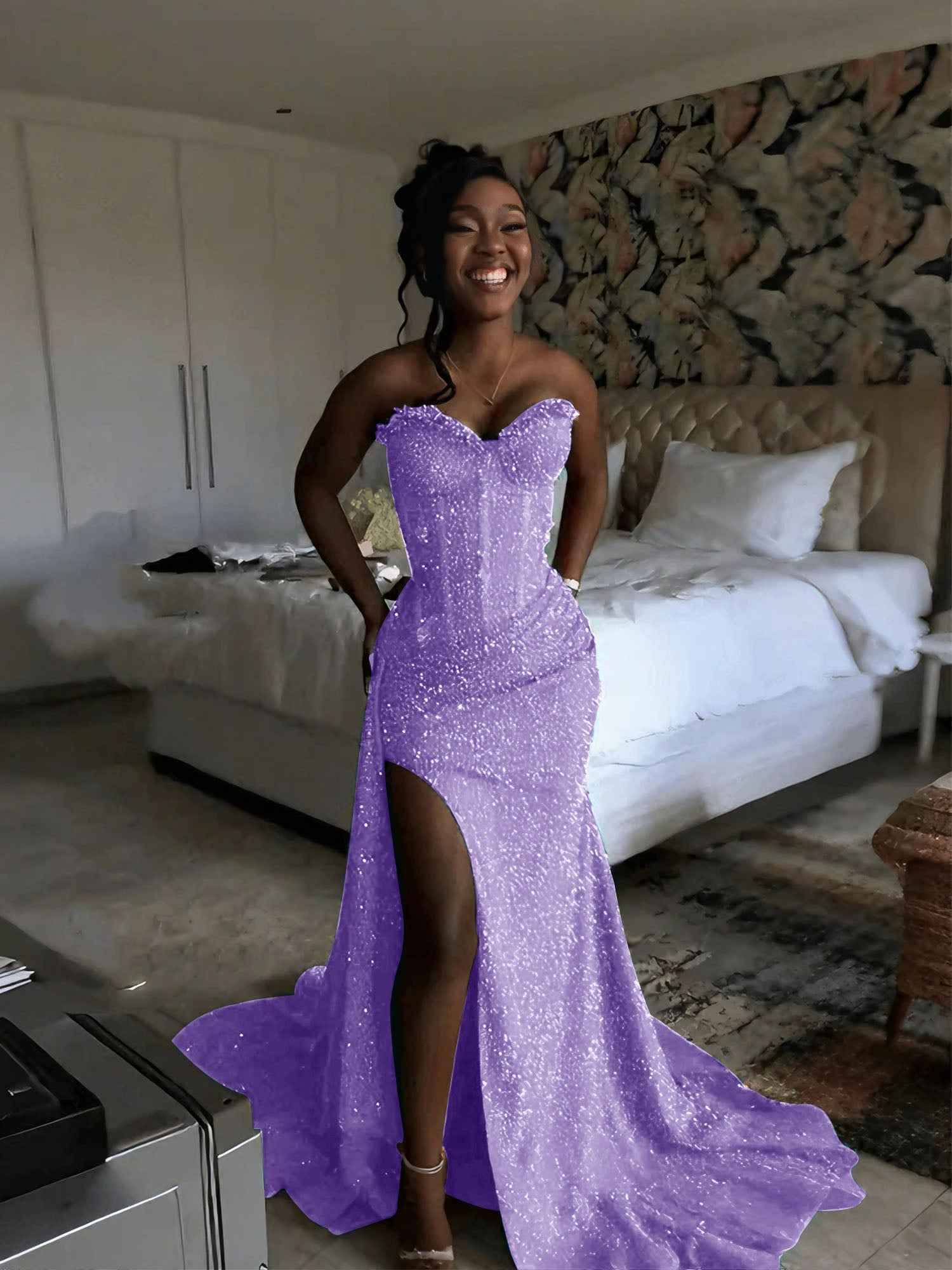 Glitter Strapless Mermaid Sequined Long Prom Dress with Slit - BMBRIDAL