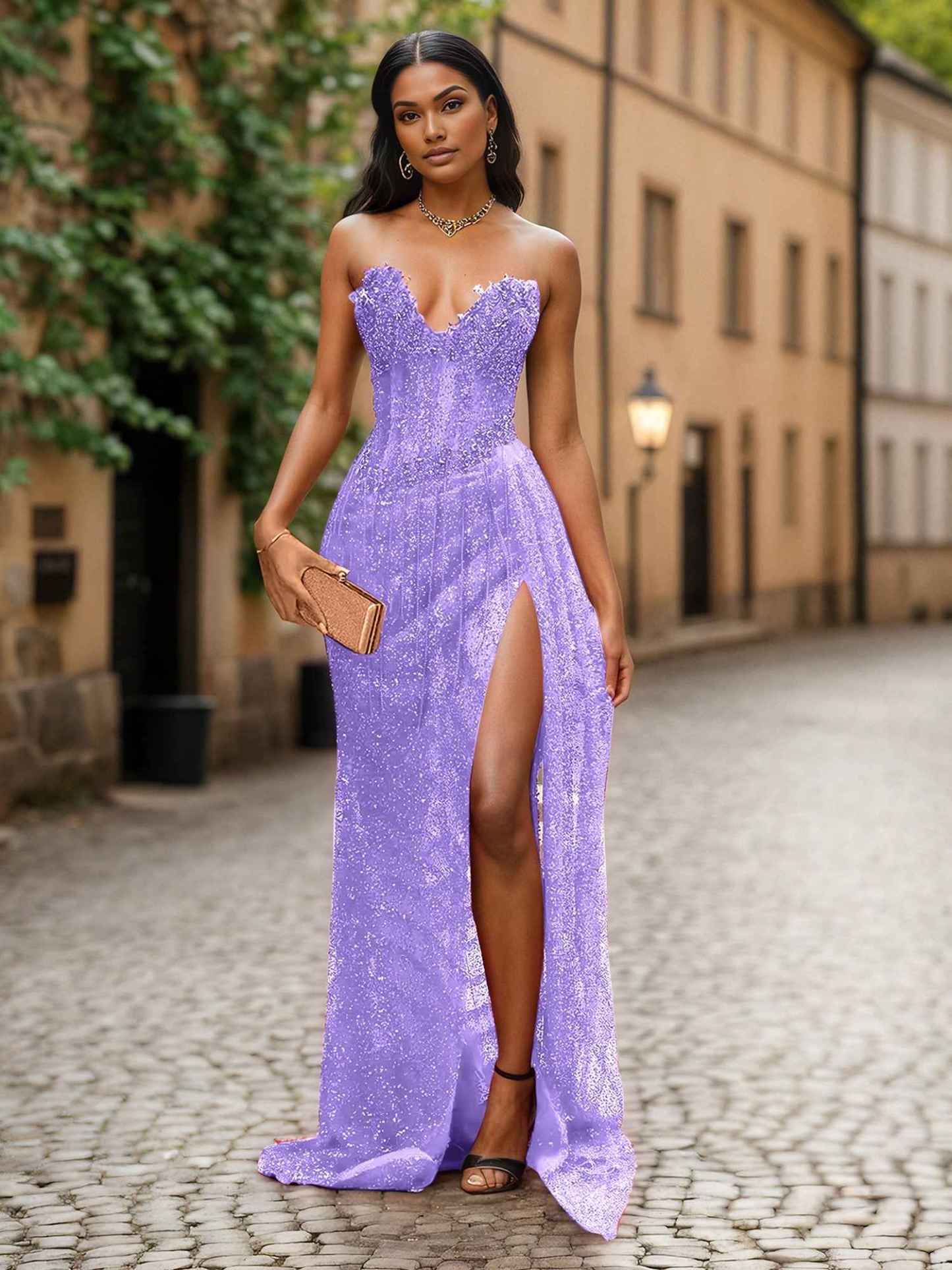 Red Strapless Beaded Fringe Waist Sequin Prom Dress with High Slit