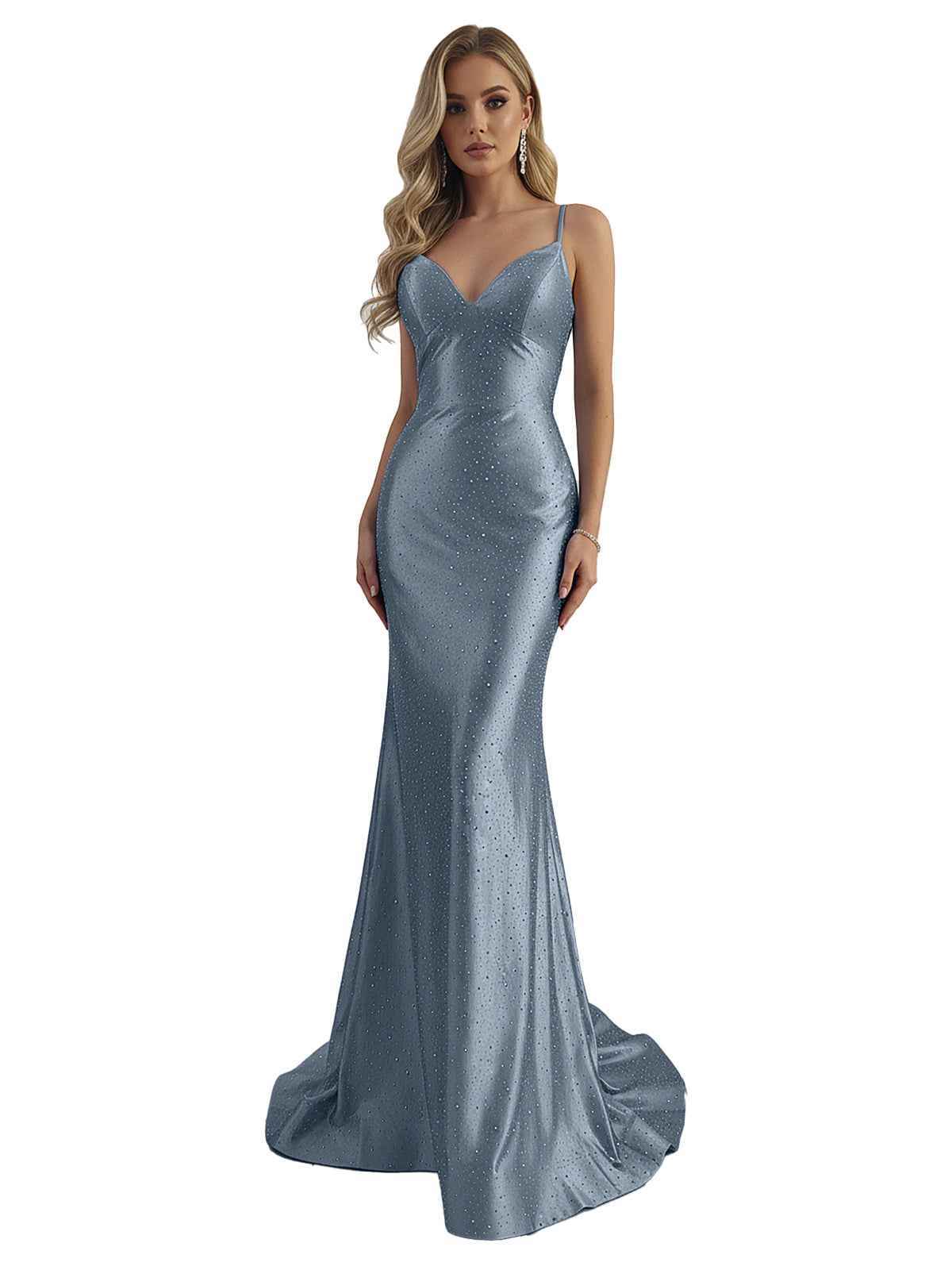 Blue Mermaid Spaghetti Straps V-Neck Rhinestone Long Prom Dress