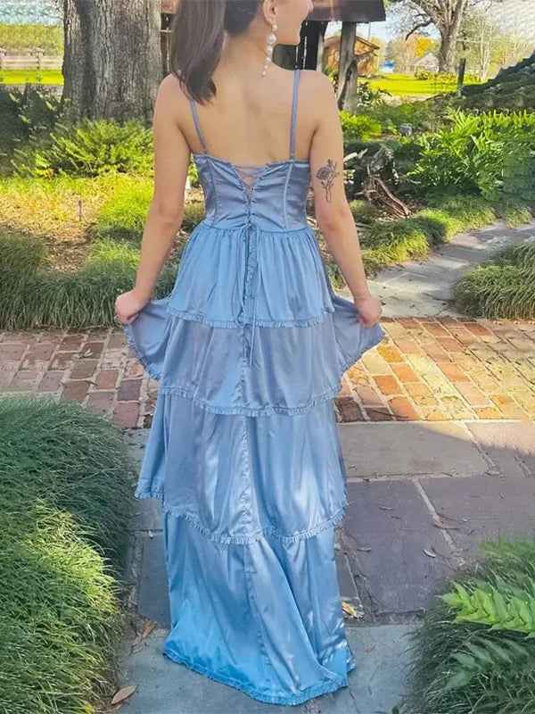 Dusty Blue A-Line Spaghetti Strap Ruffle Prom Party Dress with Slit