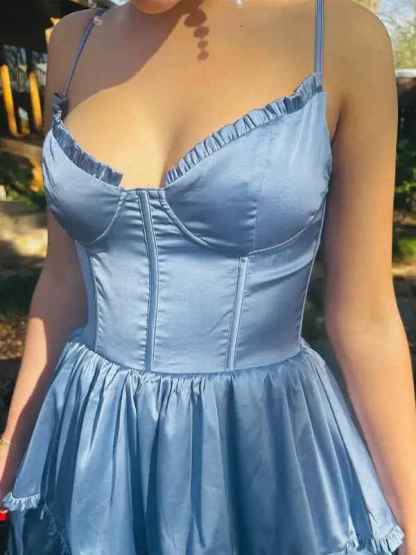 Dusty Blue A-Line Spaghetti Strap Ruffle Prom Party Dress with Slit