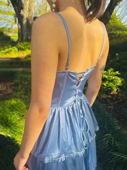 Dusty Blue A-Line Spaghetti Strap Ruffle Prom Party Dress with Slit
