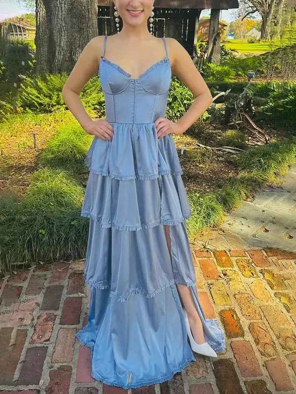 Dusty Blue A-Line Spaghetti Strap Ruffle Prom Party Dress with Slit