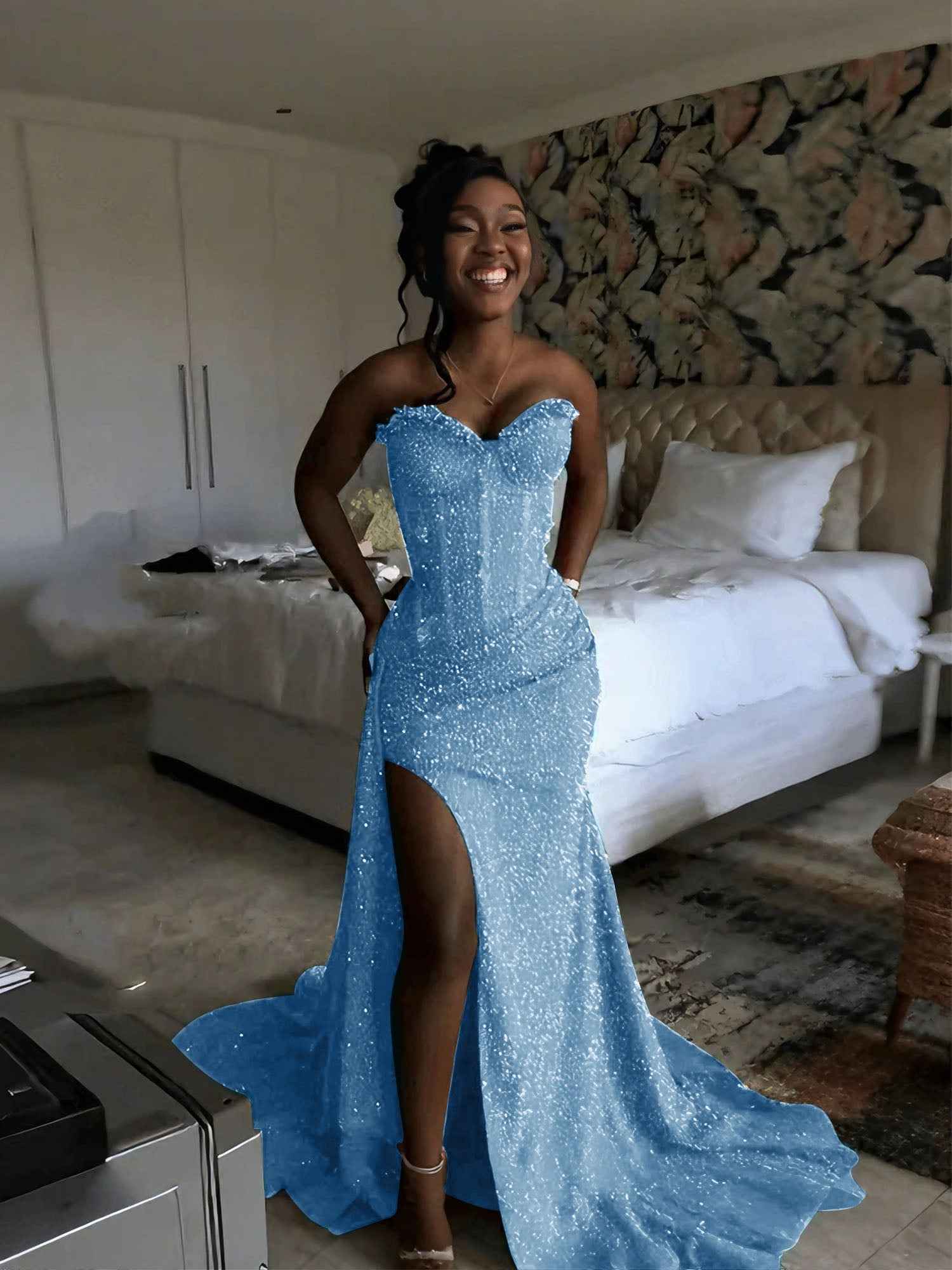 Glitter Strapless Mermaid Sequined Long Prom Dress with Slit
