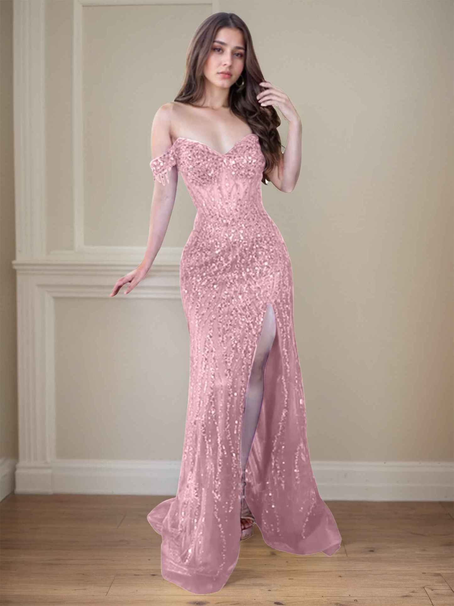 Red Off-the-Shoulder Beaded Tulle Long Prom Dress with Swirling Sequins
