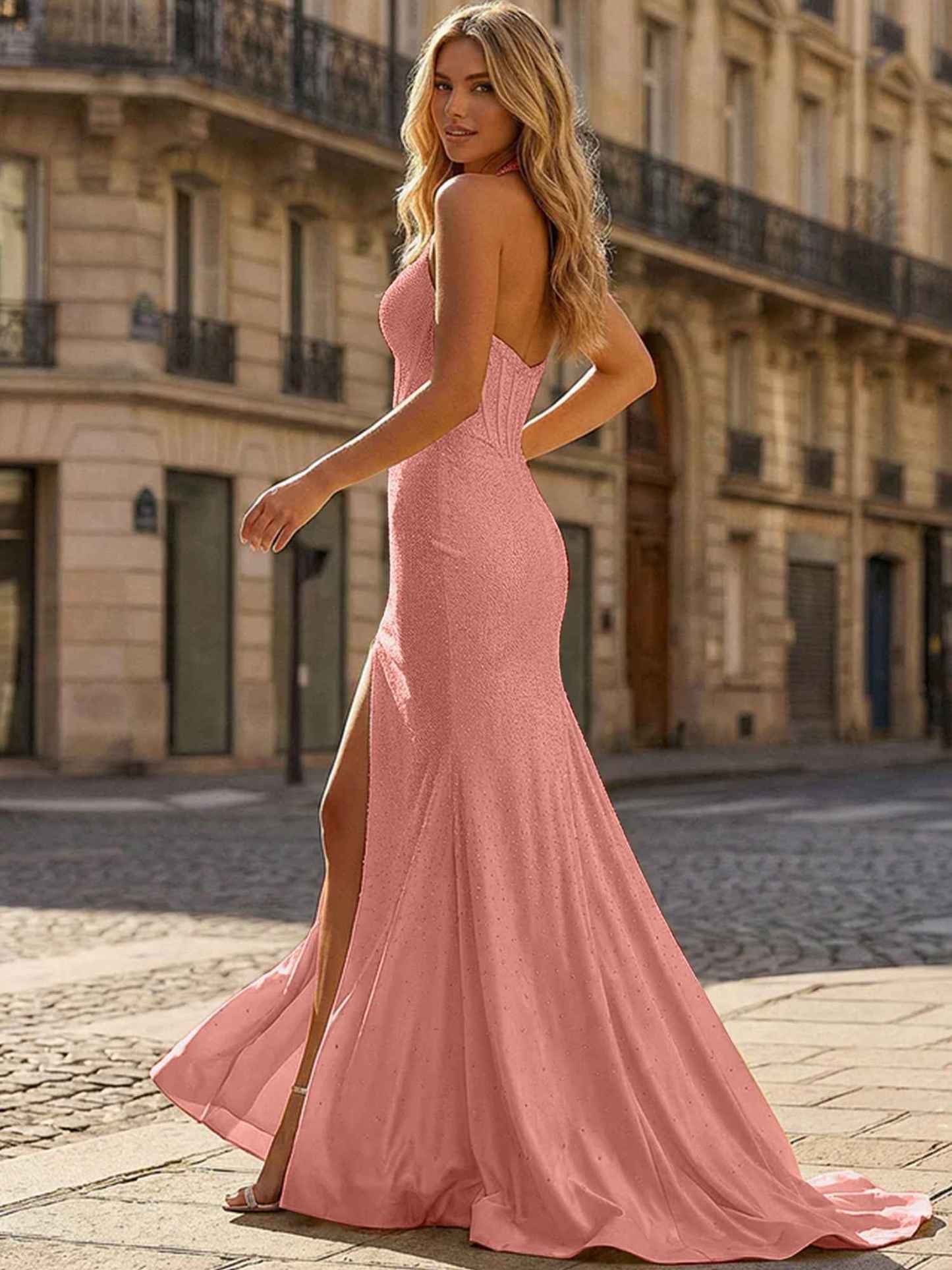 Yellow Beaded Halter Corset Prom Dress with High Slit