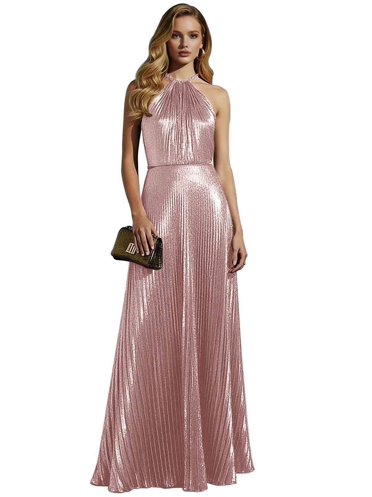 Luxurious Champagne-Gold Pleated Halter Long Prom Dress