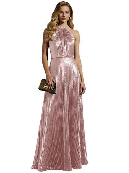 Luxurious Champagne-Gold Pleated Halter Long Prom Dress