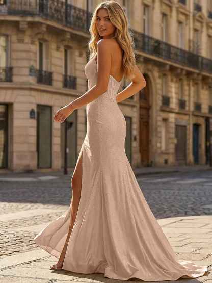 Yellow Beaded Halter Corset Prom Dress with High Slit