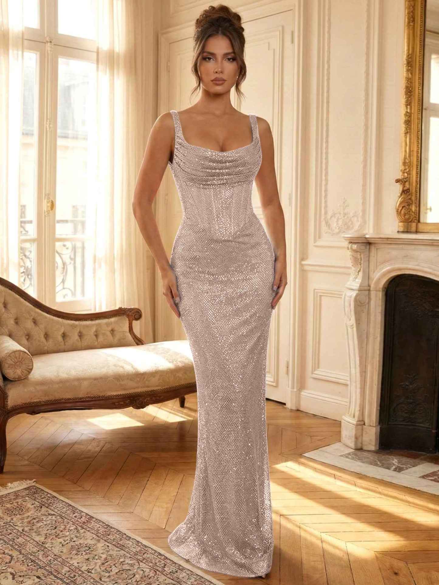 Sparkly Blue Shimmer Cowl Neck Corset Prom Dress