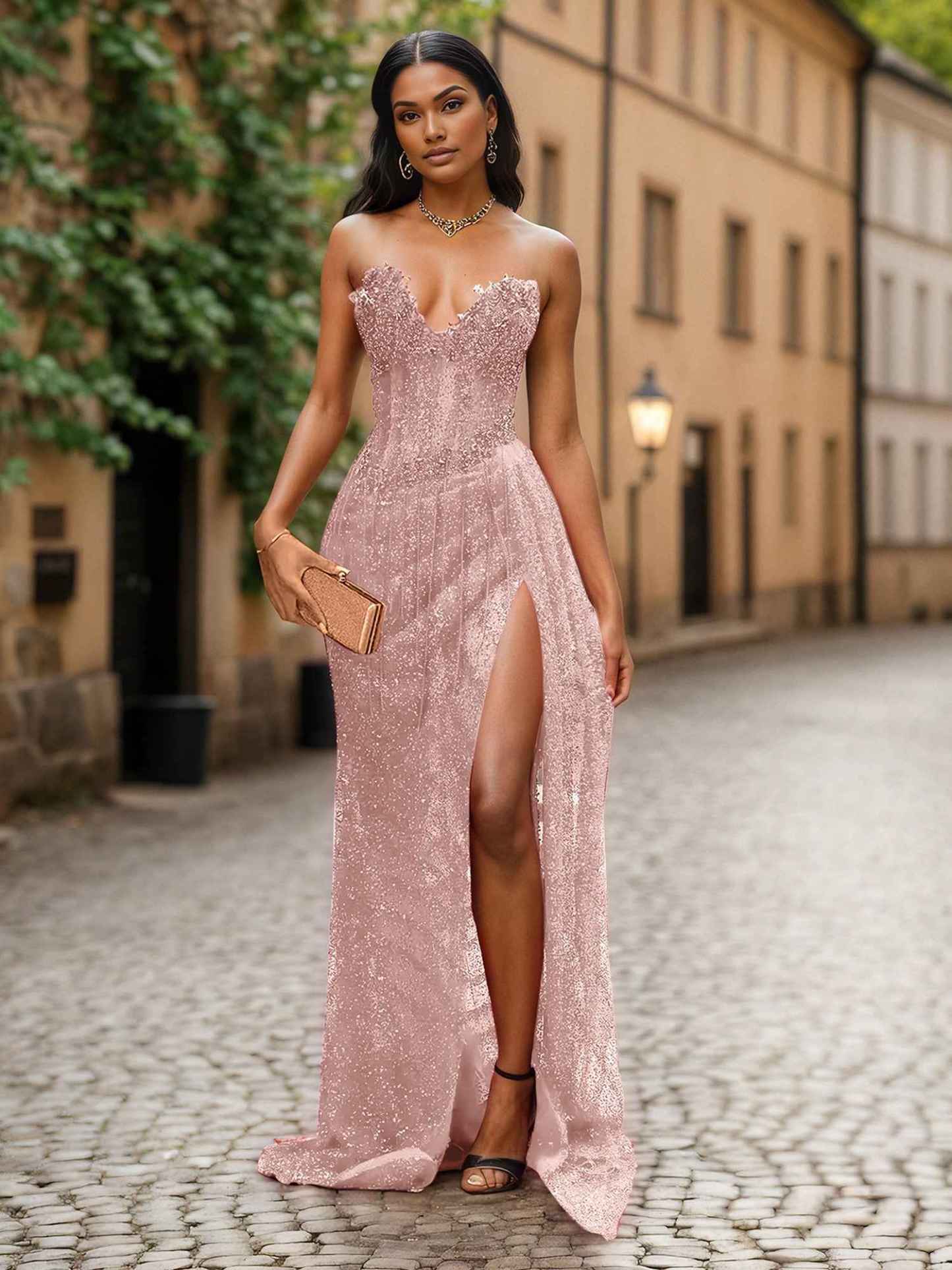 Red Strapless Beaded Fringe Waist Sequin Prom Dress with High Slit