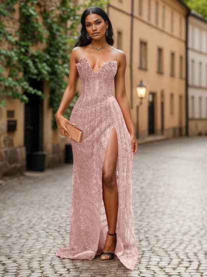 Red Strapless Beaded Fringe Waist Sequin Prom Dress with High Slit