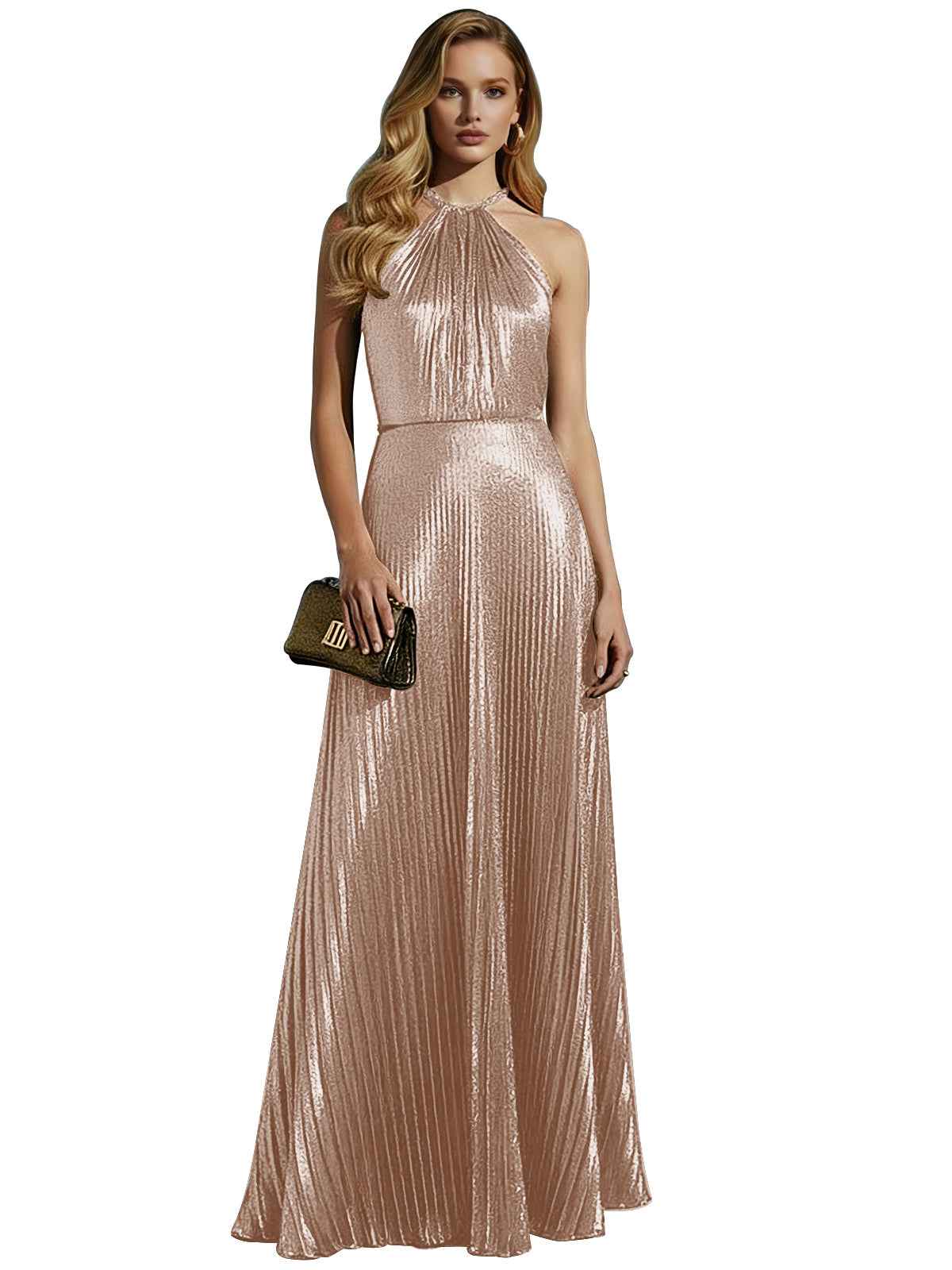 Luxurious Champagne-Gold Pleated Halter Long Prom Dress