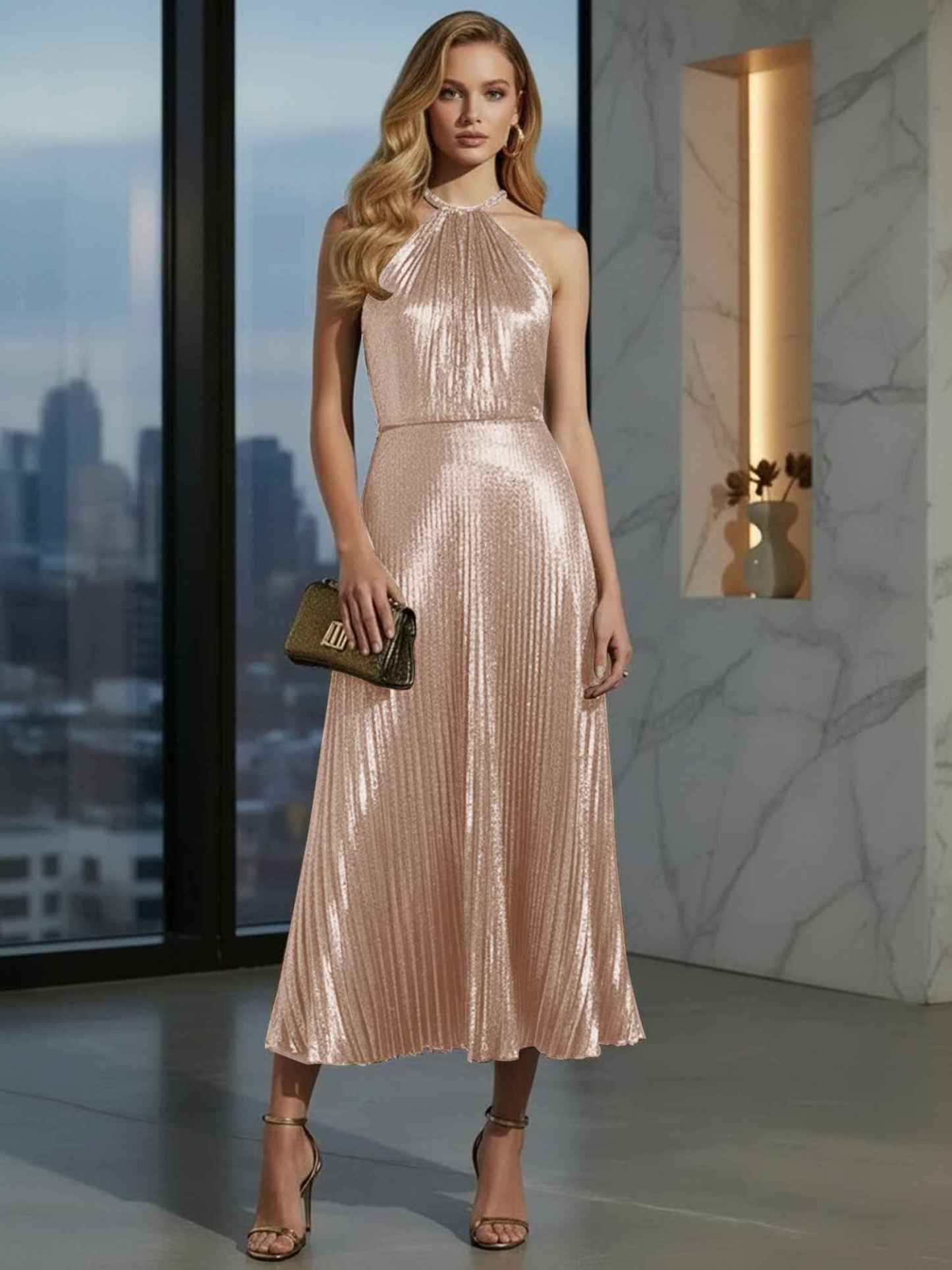 Luxurious Champagne-Gold Pleated Halter Midi Prom Dress