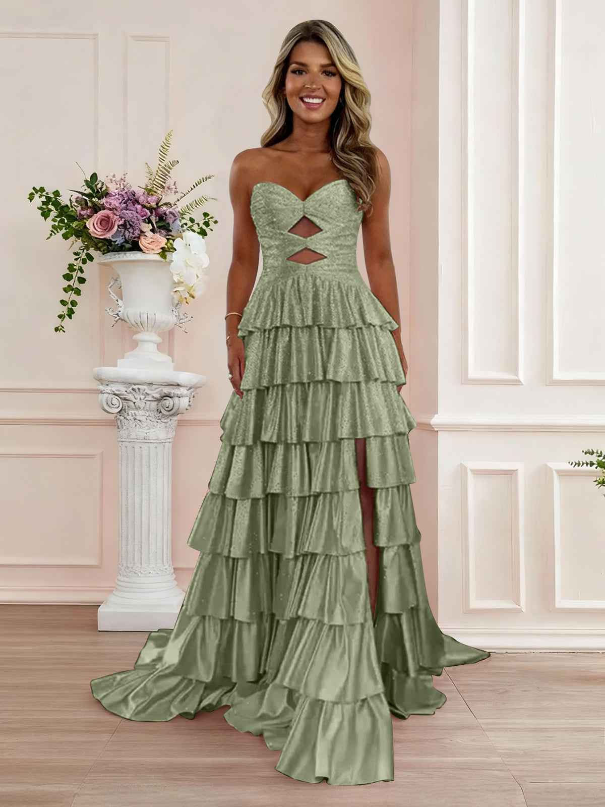 A Line Strapless Sweetheart Satin Prom Dress with Keyhole