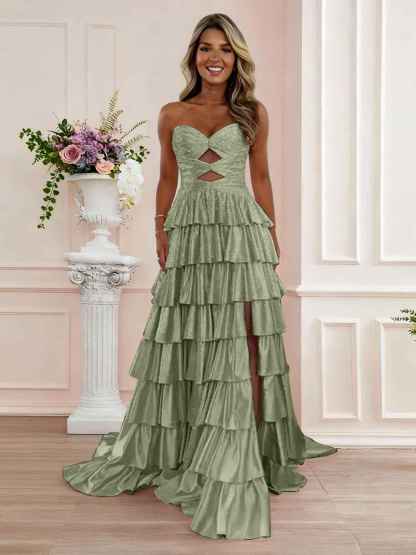 A Line Strapless Sweetheart Satin Prom Dress with Keyhole