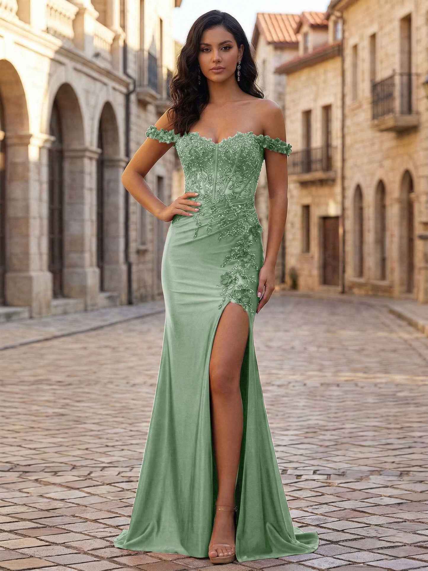 Mermaid Off-The-Shoulder Floral Corset Long Prom Dress with Slit