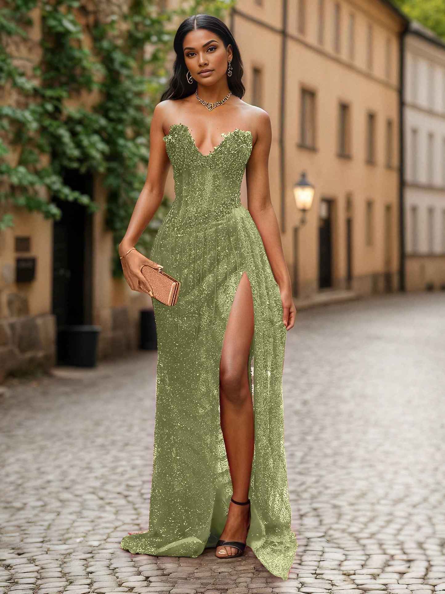 Red Strapless Beaded Fringe Waist Sequin Prom Dress with High Slit