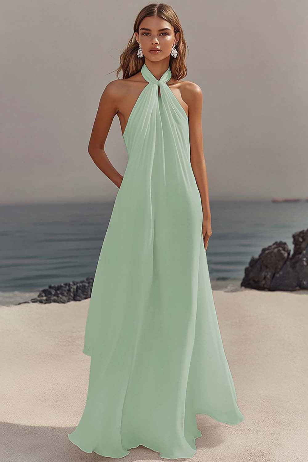 Flowy Sky Blue Chiffon A Line Halter Backless Long Prom Dress