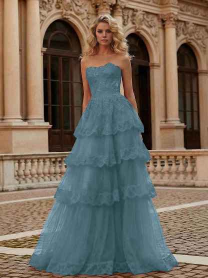 Red Tiered Tulle Strapless Lace Bodice A-Line Long Prom Dress