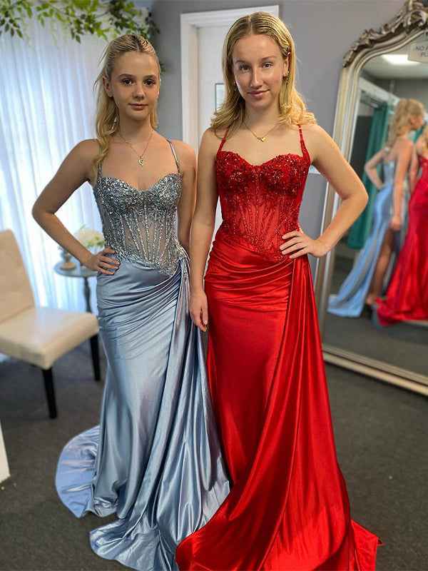 Green Mermaid Spaghetti Straps Bodice Long Prom Dress with Beads