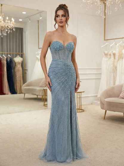 Dusty Blue Linear Beaded Long Corset Prom Dress with High Slit
