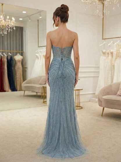 Dusty Blue Linear Beaded Long Corset Prom Dress with High Slit