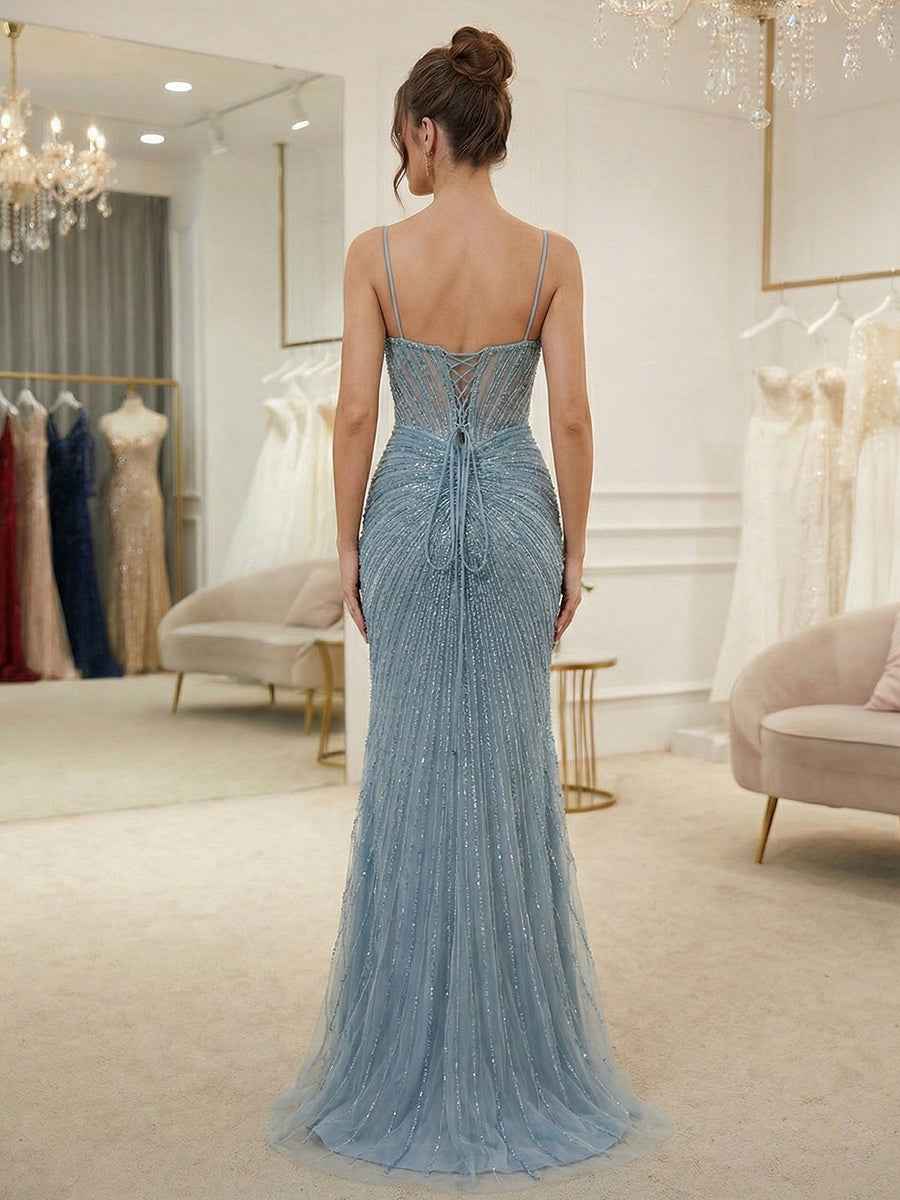 Dusty Blue Spaghetti Straps Linear Beaded Corset Prom Dress with High Slit