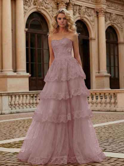 Red Tiered Tulle Strapless Lace Bodice A-Line Long Prom Dress