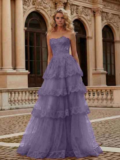 Red Tiered Tulle Strapless Lace Bodice A-Line Long Prom Dress