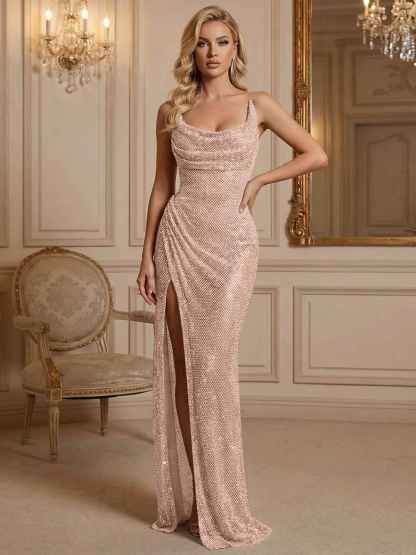 Silver Sequin Cowl Neck Ruched Long Prom Dress with High Slit