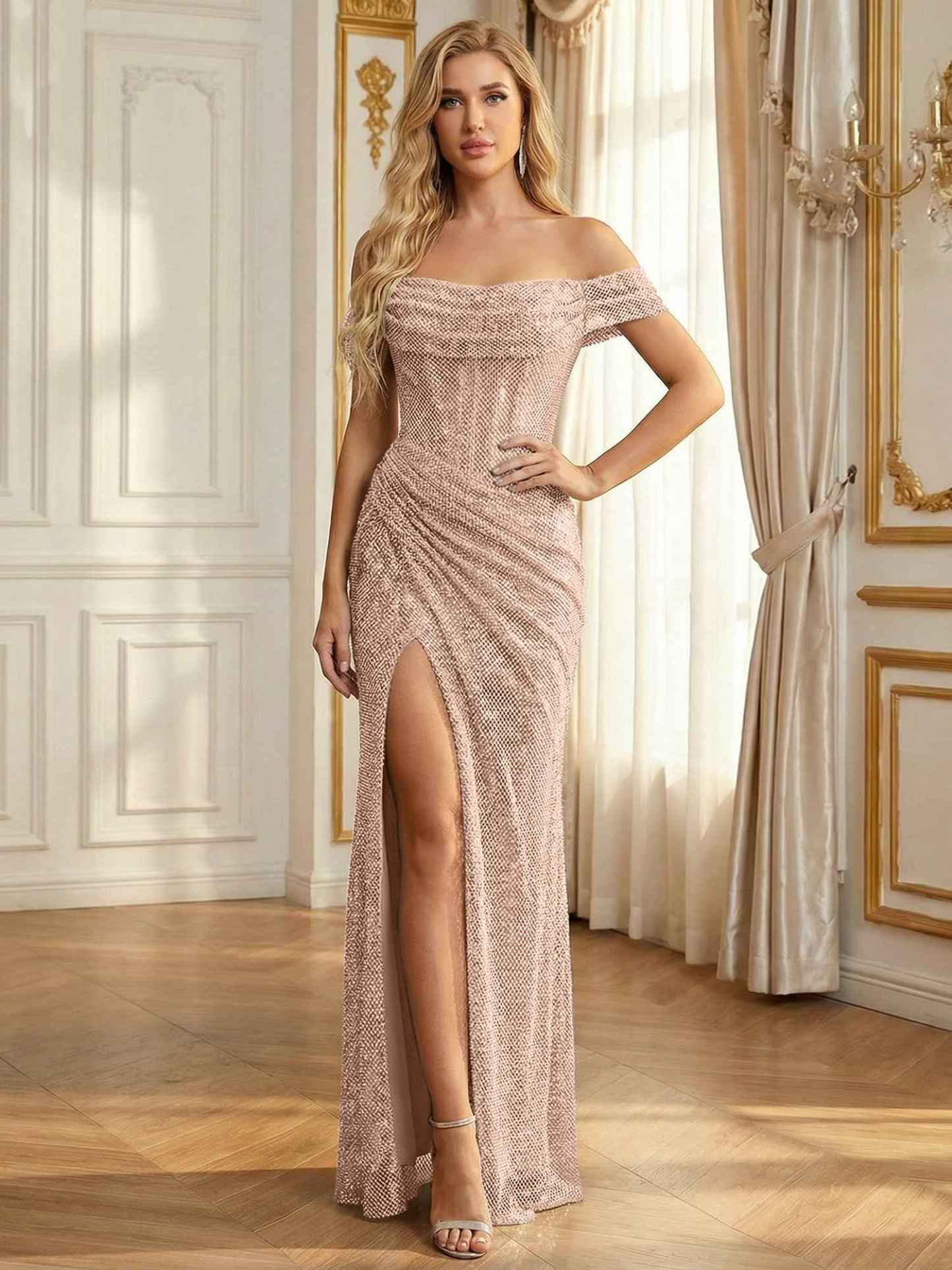 Sparkly Off-the-Shoulder Mesh Ruched Bodice Long Prom Dress with High Slit
