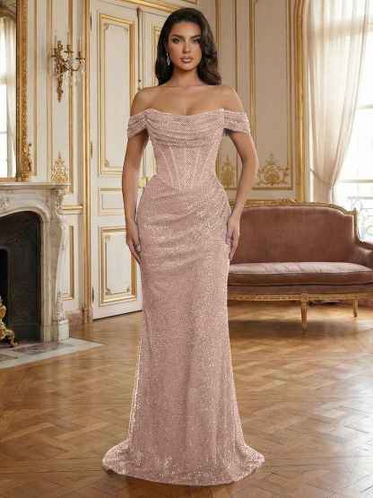 Red Off-The-Shoulder Sequined Corset Mermaid Long Prom Dress