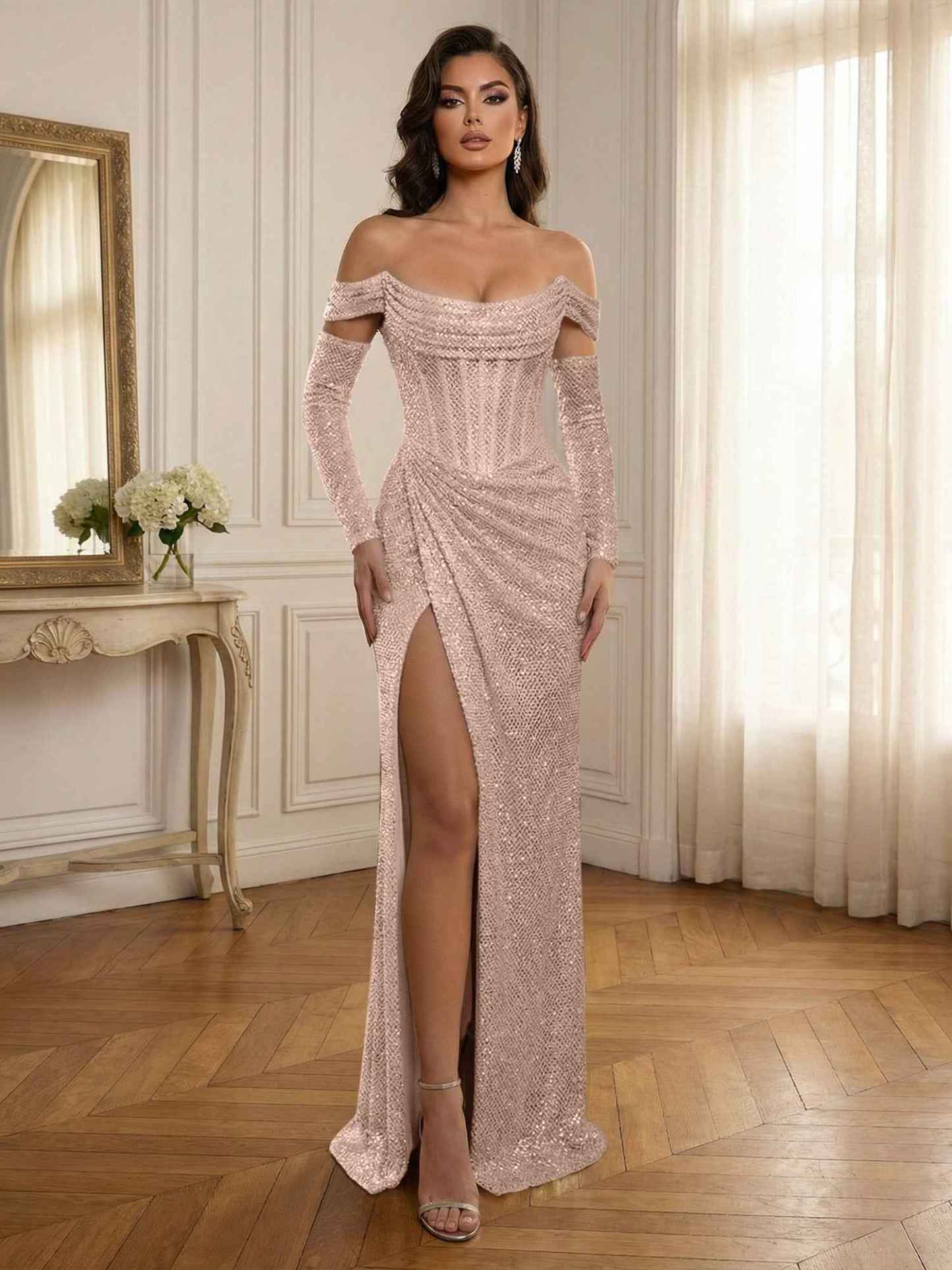 Silver Sequin Off-the-Shoulder Long Sleeves Corset Prom Dress with Slit