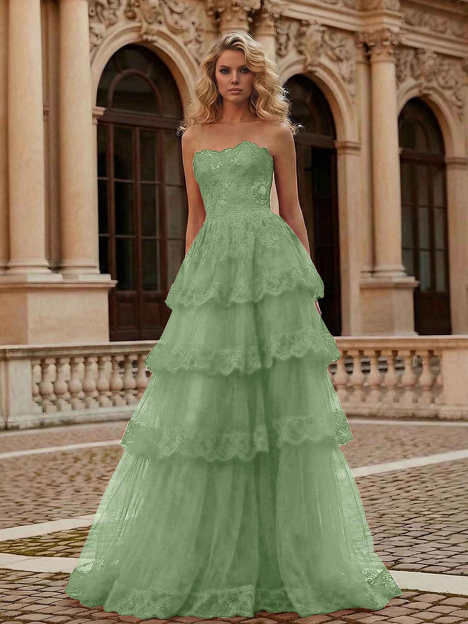 Red Tiered Tulle Strapless Lace Bodice A-Line Long Prom Dress