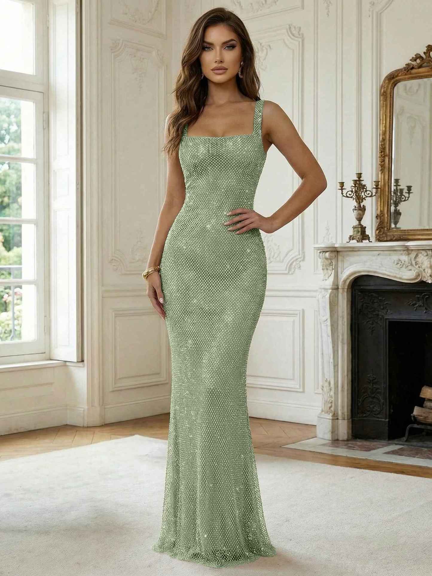 Crystal-Embellished Mermaid Long Prom Dress with Square Neckline