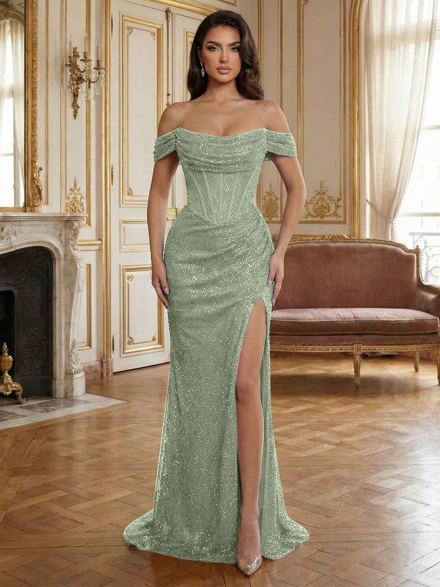 Sequin Off-the-Shoulder Corset Bodice Long Prom Dress with Slit