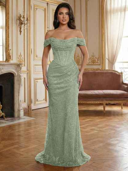 Red Off-The-Shoulder Sequined Corset Mermaid Long Prom Dress