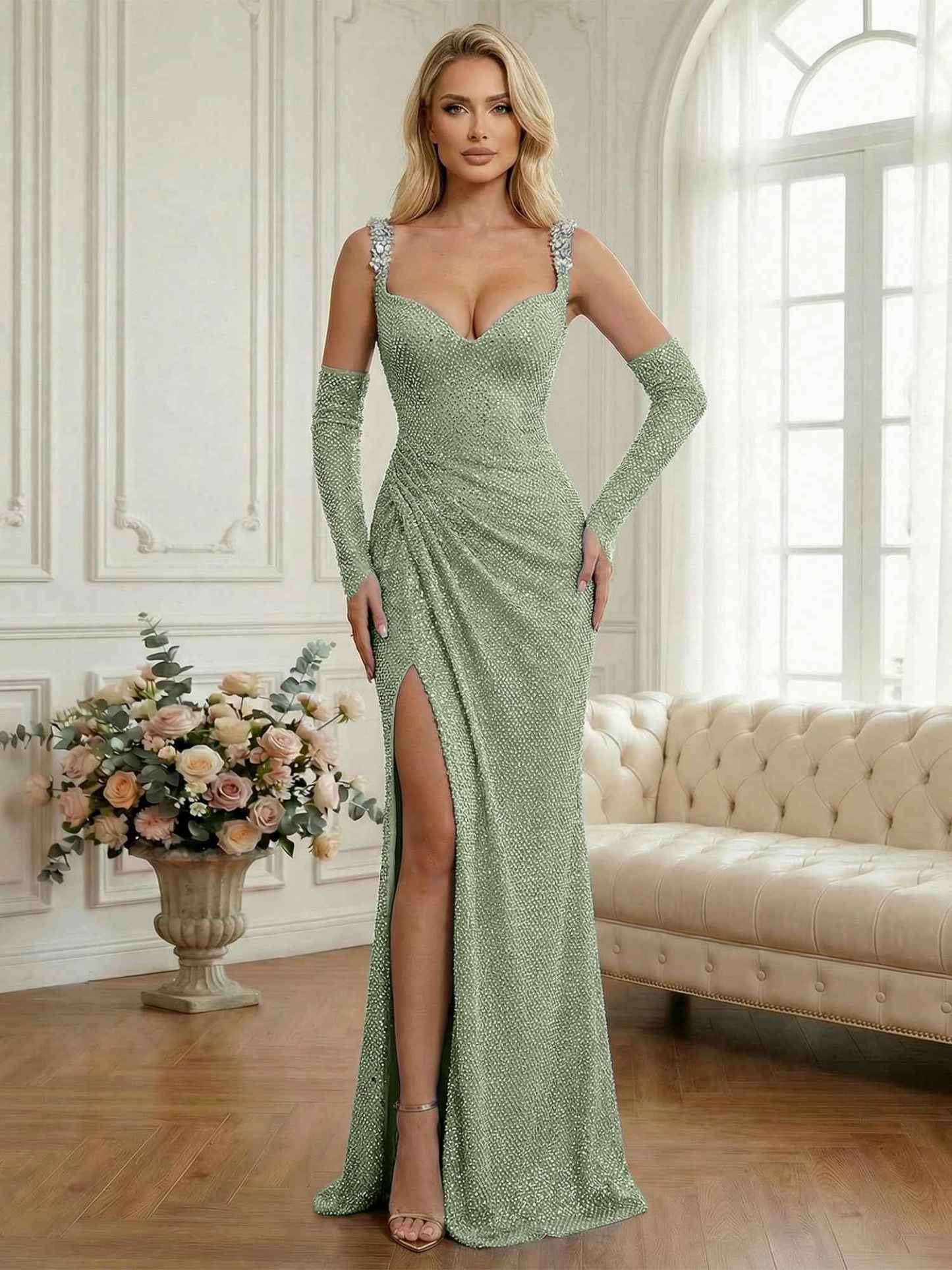 Light Blue Sequin Mermaid Matching Opera Gloves Long Prom Dress with Slit