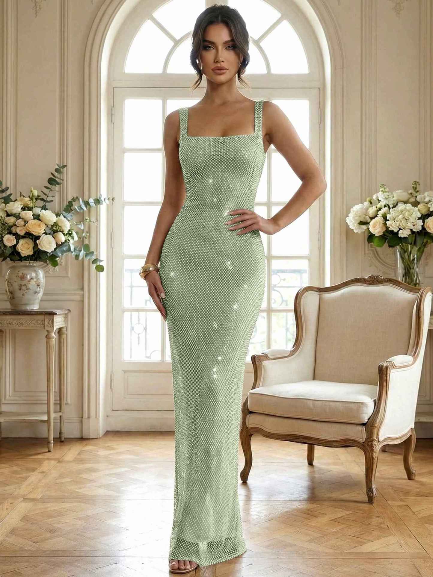 Sparkly Champagne Crystal Mesh Square Neck Long Prom Dress