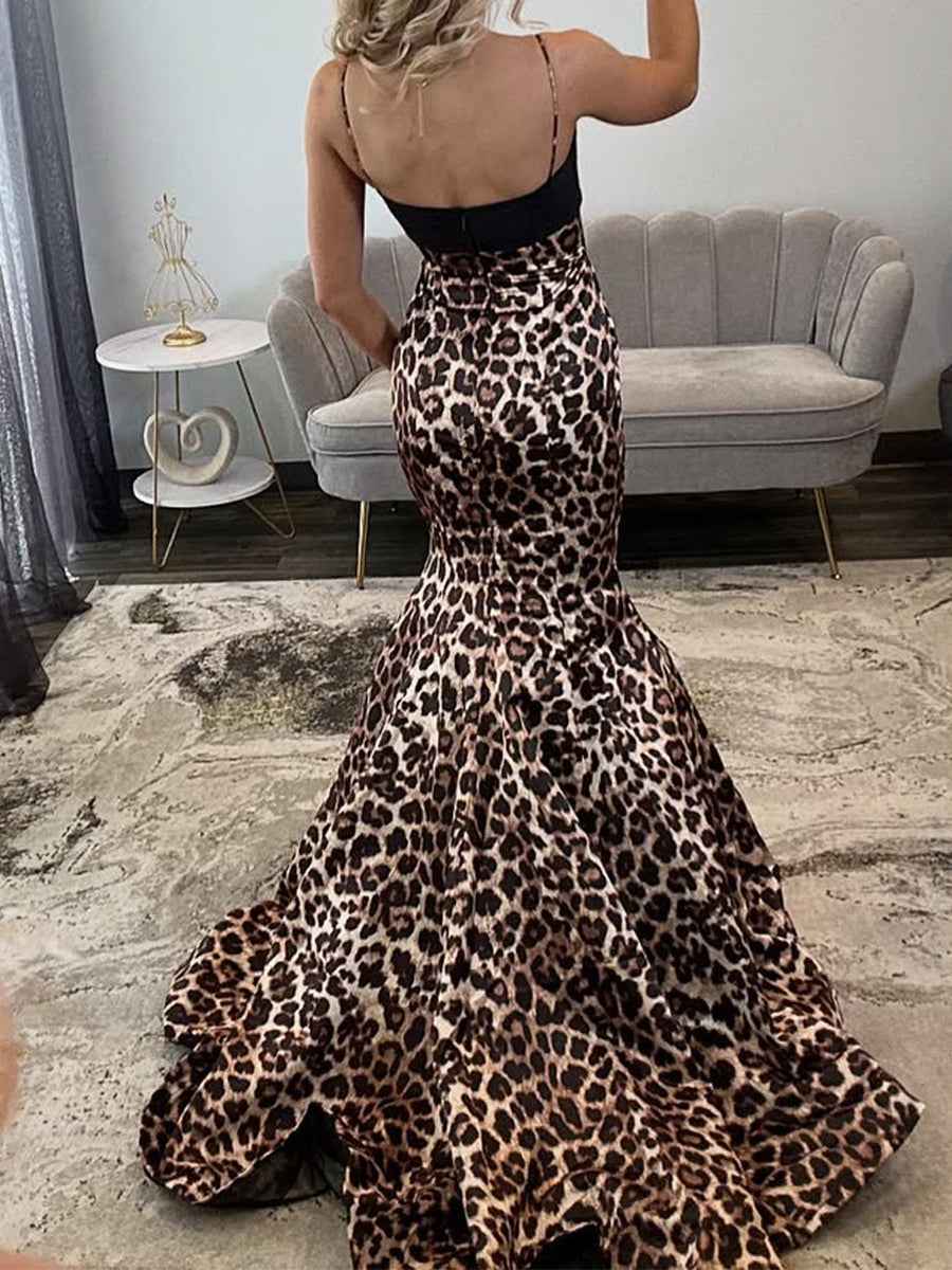Elegance Leopard Print Mermaid Prom Dress with Black Bow Detail