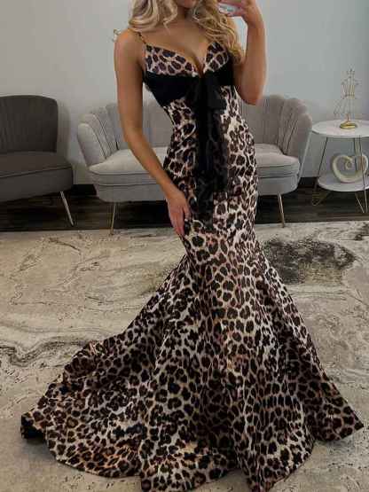 Elegance Leopard Print Mermaid Prom Dress with Black Bow Detail