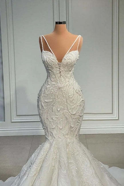 Elegant Strapless Sleeveless Mermaid Satin Floor-Length Wedding Dresses with Lace-BMbridal.com