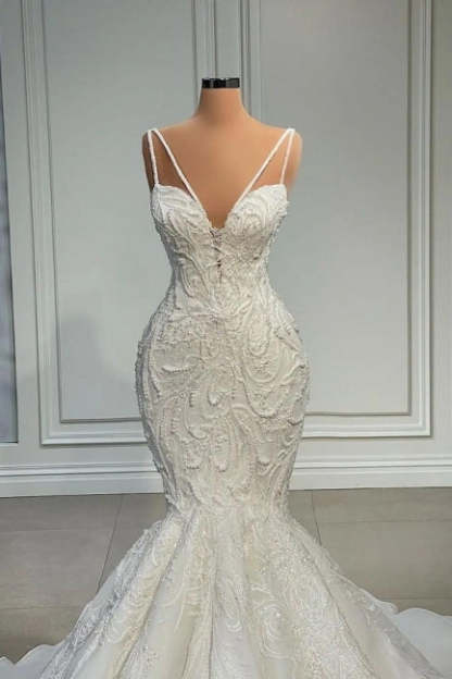 Elegant Strapless Sleeveless Mermaid Satin Floor-Length Wedding Dresses with Lace-BMbridal.com
