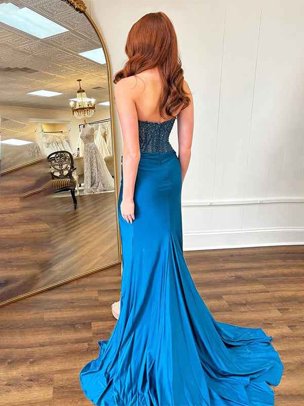 Dark Blue Mermaid Strapless Glitter Top Long Satin Prom Dress with Slit