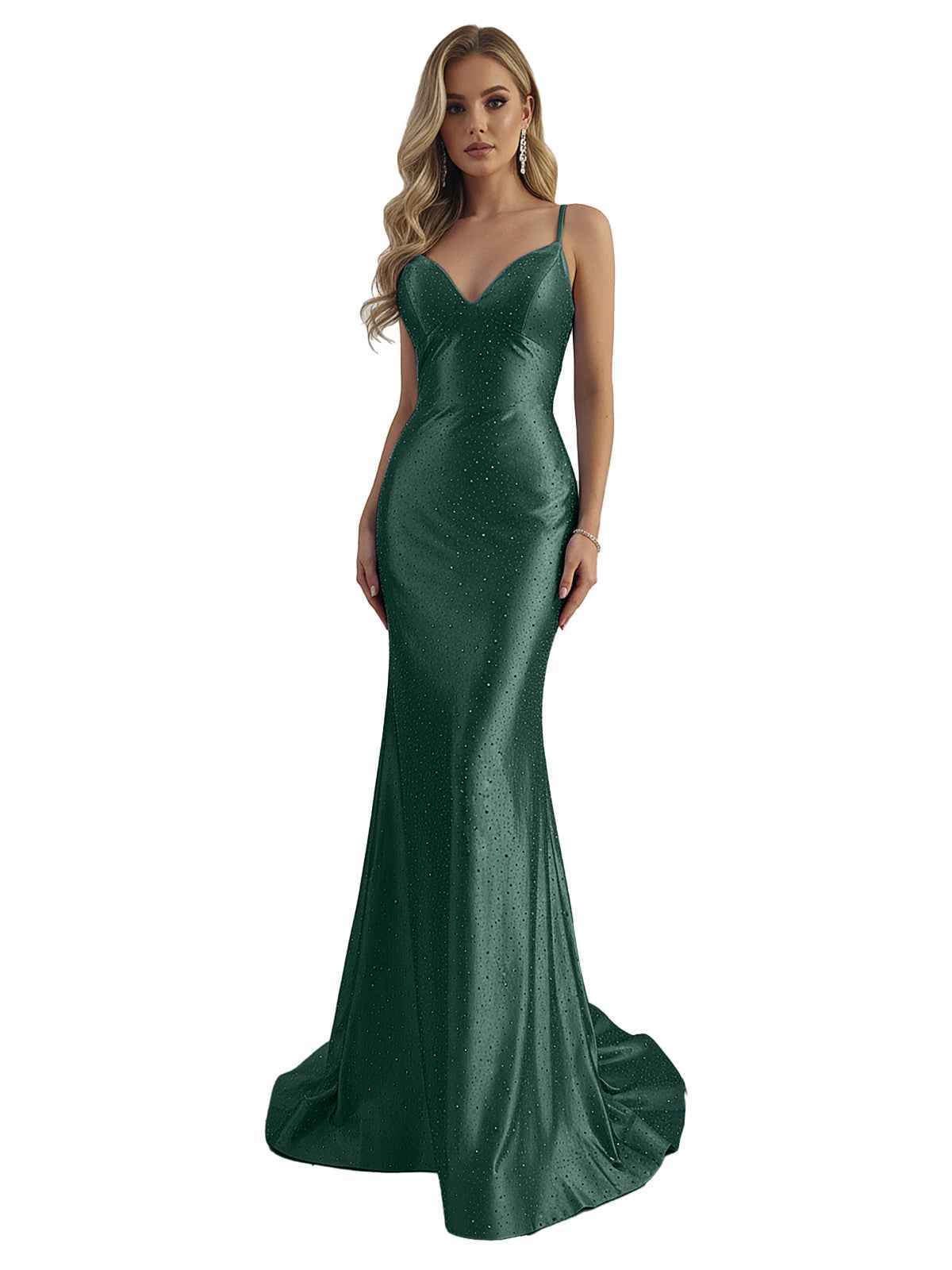 Blue Mermaid Spaghetti Straps V-Neck Rhinestone Long Prom Dress