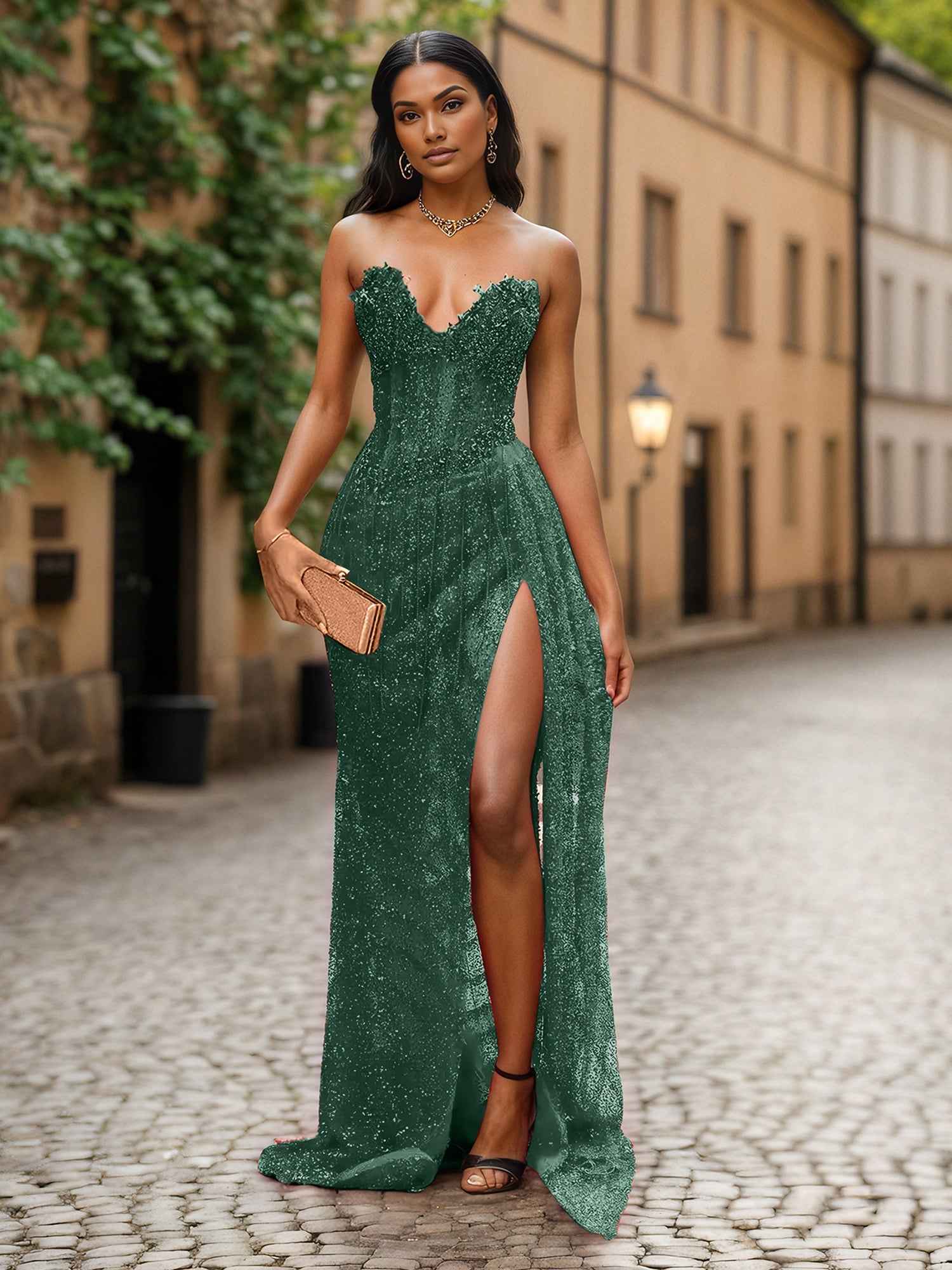 Red Strapless Beaded Fringe Waist Sequin Prom Dress with High Slit